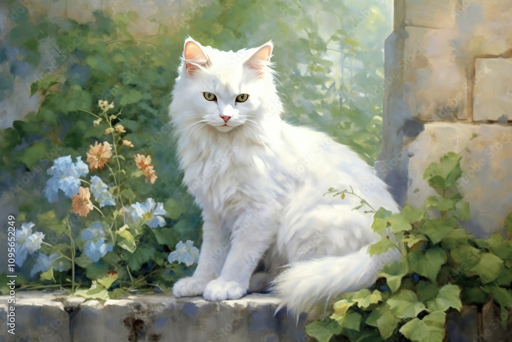 white cat in an antique garden a light background in the rococo style., watercolor style, white cat in an antique garden a light background in the rococo style., watercolor style,