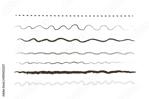 Hand painted ink brush set. Pack of pencils curved lines. Scribble border and ornament, template. Minimalistic creativity and art. Linear vector collection