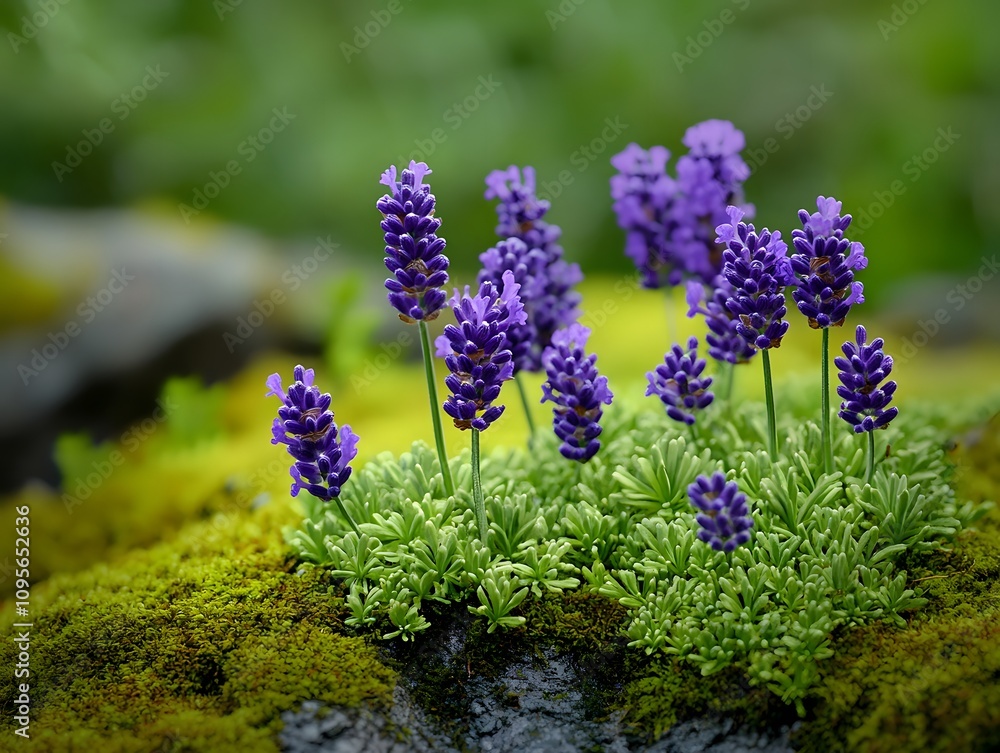 Purple lavender flowers blooming on mossy rocks. Purple lavender flowers blooming on mossy rocks.