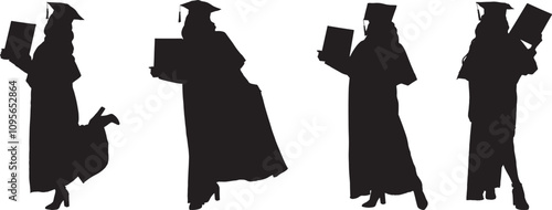 Vector Silhouette Collection: Clean and Bold Designs Set of indian race ethnicity woman student, university graduate with red diploma isolated on white. Ready for clipping path.