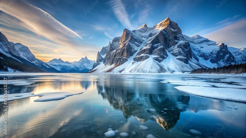 Obraz premium Serene winter landscape featuring a majestic mountain range reflected in a partially frozen lake at sunrise