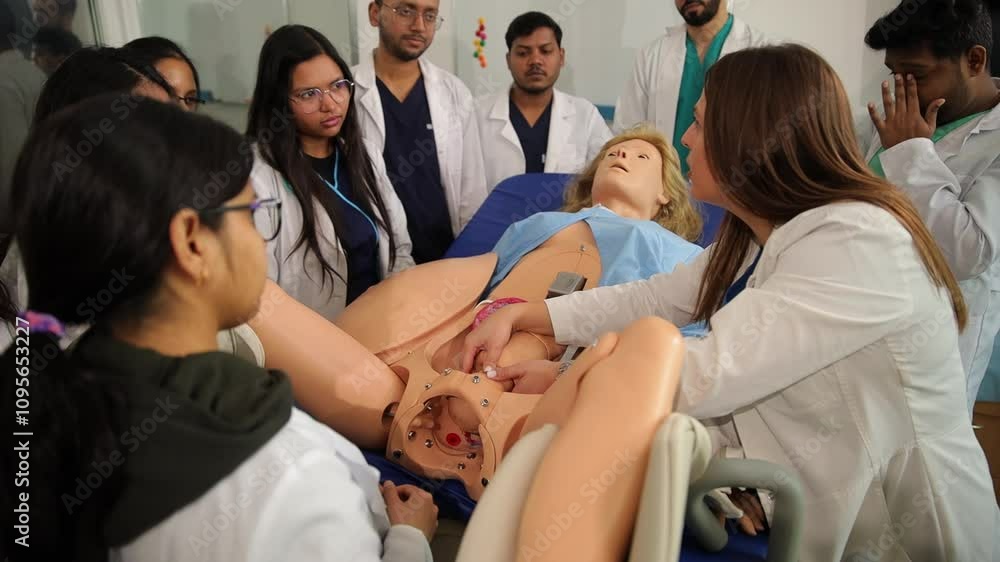 The teacher conducts a practical lesson for obstetrician-gynecologist students. The teacher conducts a practical lesson for obstetrician-gynecologist students.