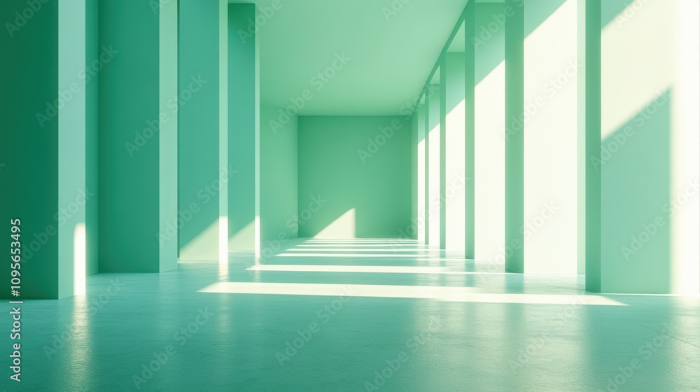 Fototapeta premium Tranquil Modern Interior with Soft Green Hues and Dramatic Shadows