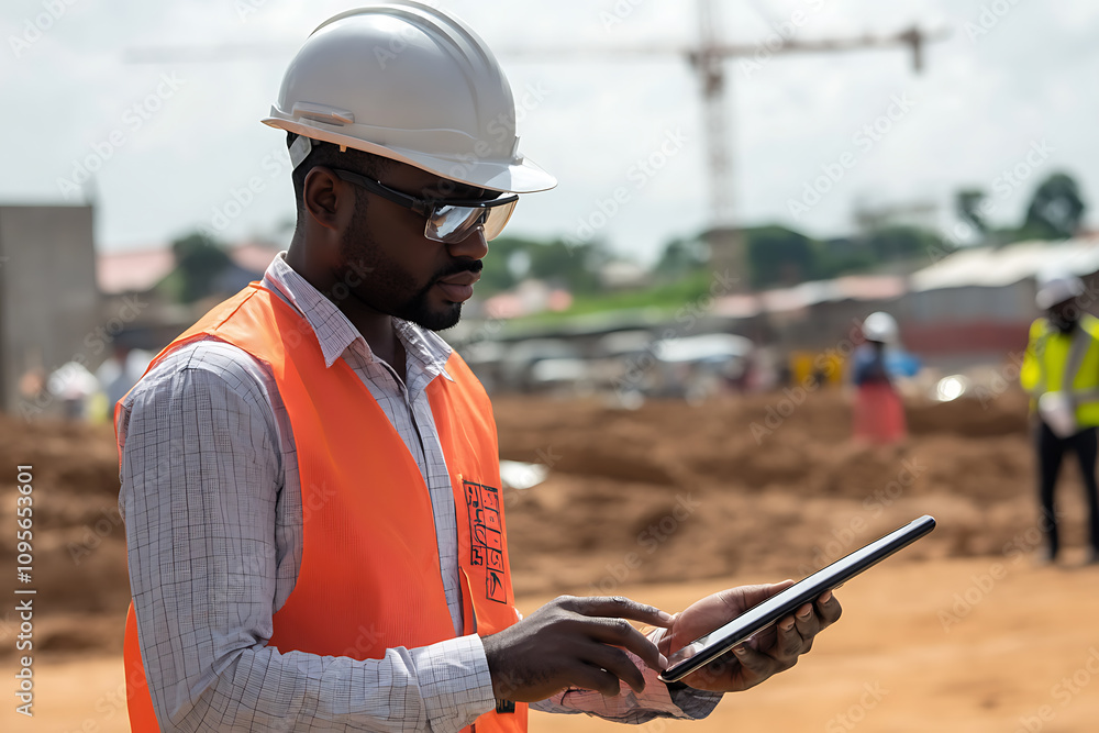 A safety officer conducting a risk assessment at a construction site, inspecting hazards and using a digital tablet for documentation, workers in the background with safety helmets
A safety officer conducting a risk assessment at a construction site, inspecting hazards and using a digital tablet for documentation, workers in the background with safety helmets