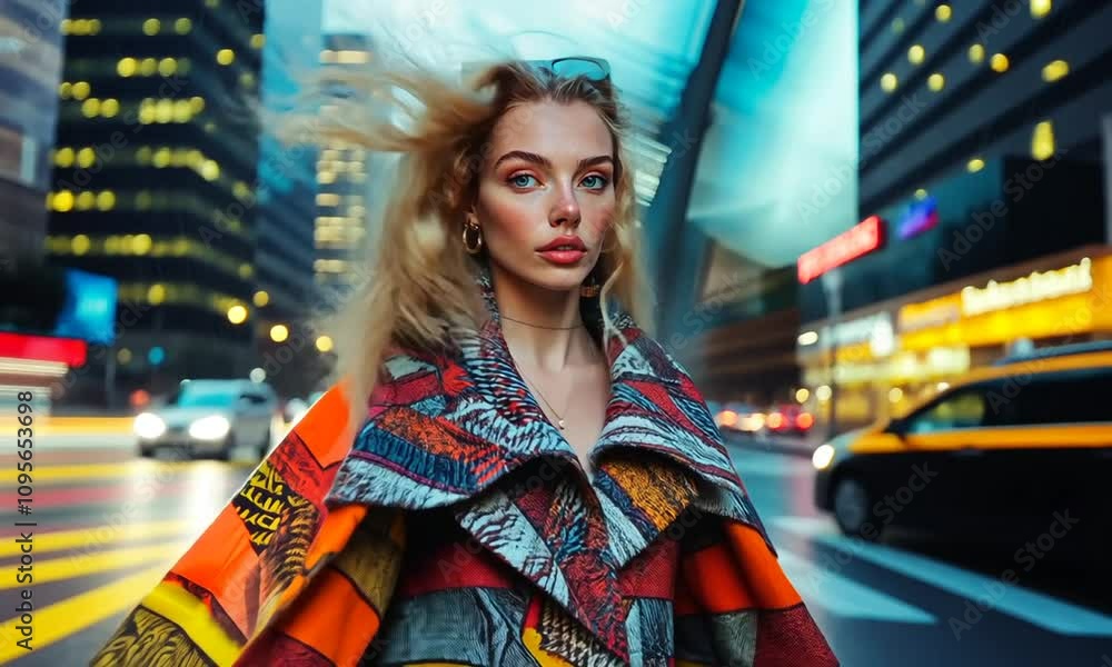 Fashionable woman with flowing hair in vibrant city street blur. Fashionable woman with flowing hair in vibrant city street blur.