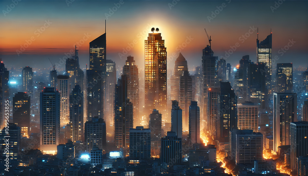 Obraz premium bustling city skyline with digital effects and glowing nodes representing a tech startup's rapid growth. Include tall buildings with light trails symbolizing data. Generative AI