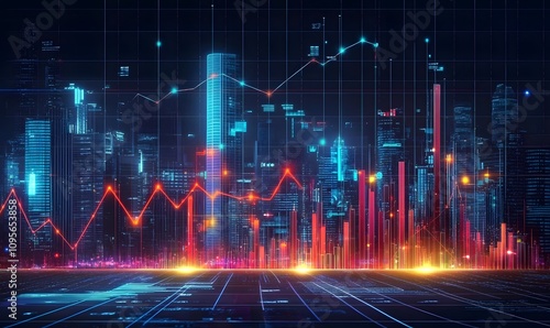 Futuristic cityscape with dynamic financial data overlays.