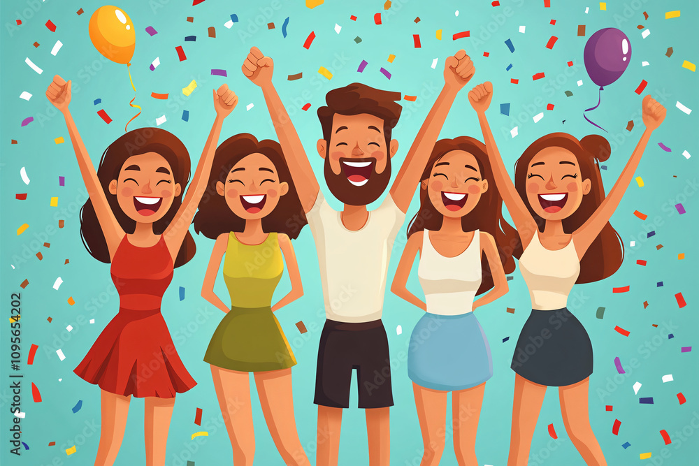 Happy group of friends celebrating with balloons and confetti. They express joy and excitement, perfect for party themes and festive occasions Happy group of friends celebrating with balloons and confetti. They express joy and excitement, perfect for party themes and festive occasions