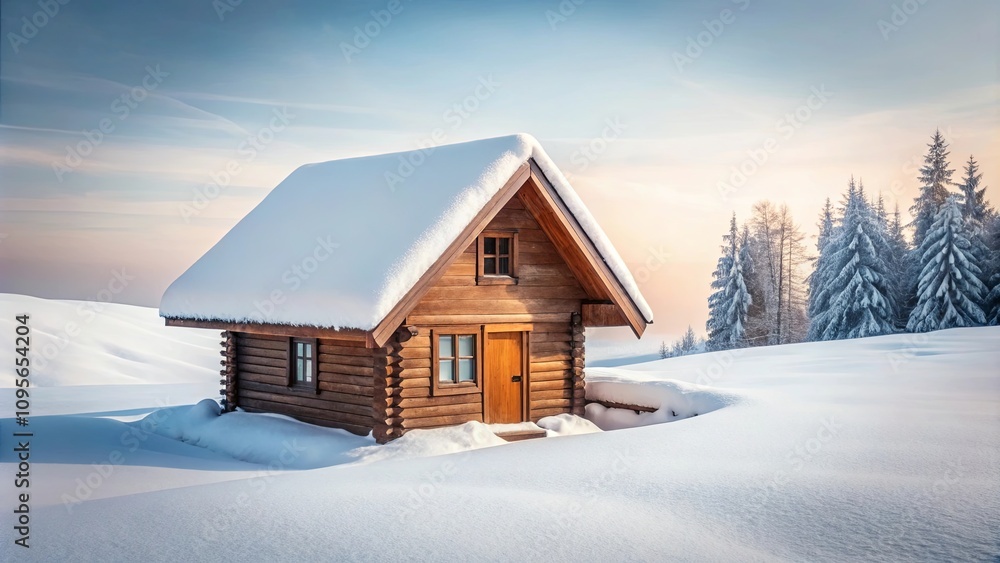 Serene Winter Log Cabin in a Snowy Landscape at Sunset Serene Winter Log Cabin in a Snowy Landscape at Sunset