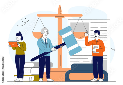 Lawyers with scales and books. Men and woman near judges scales and document. Lawyers and advocates with book. Judgement and justice. Linear vector illustration