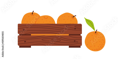 A wooden crate filled with fresh oranges and one orange beside it on a white background