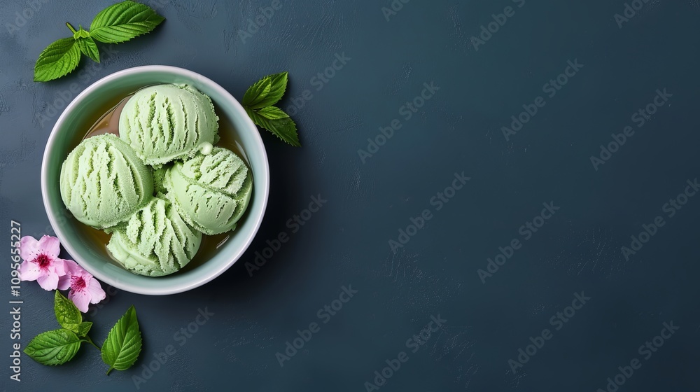 Obraz premium Bowl of mint ice cream with mint leaves and flowers.