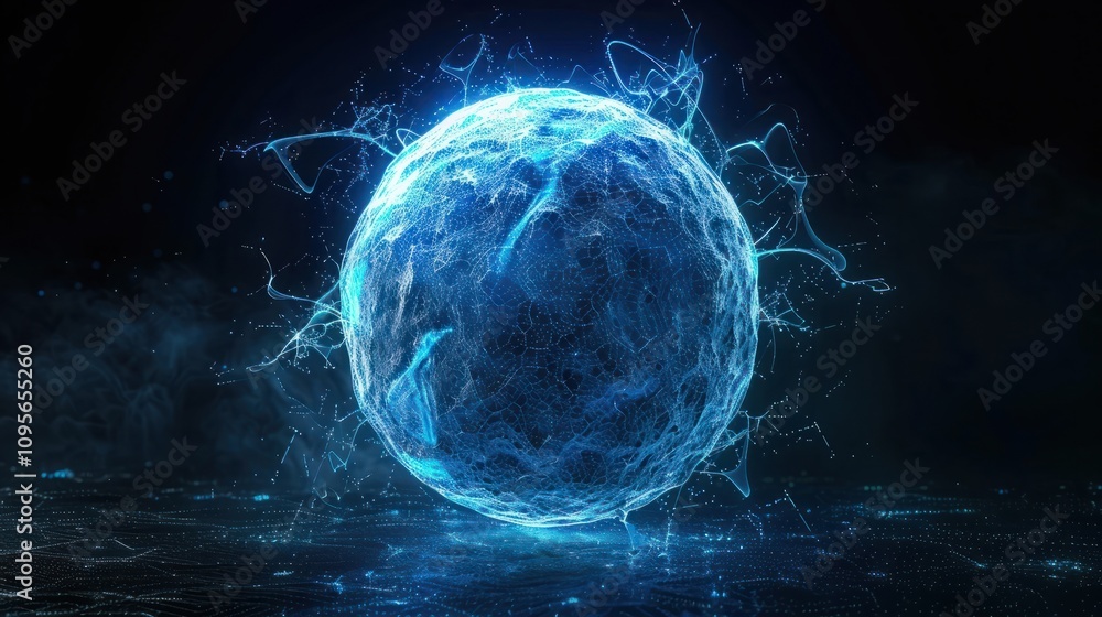 Abstract blue energy sphere from particles and waves of magical glowing on a dark background Abstract blue energy sphere from particles and waves of magical glowing on a dark background