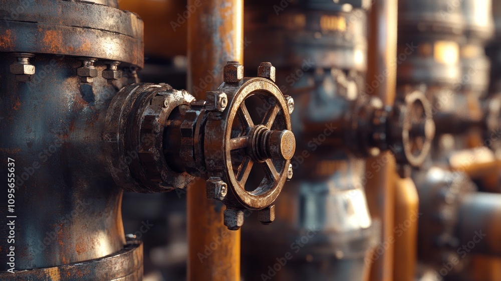 Piping and valves in an oil refinery, industrial complex, detailed metal surfaces, realistic lighting and shadows Piping and valves in an oil refinery, industrial complex, detailed metal surfaces, realistic lighting and shadows