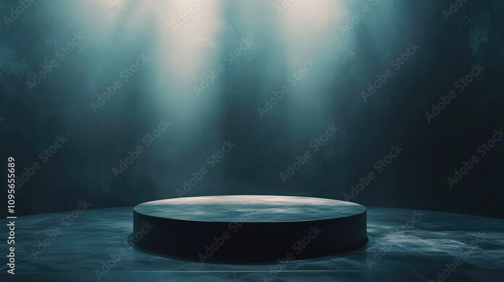 A Black Pedestal on a Dark Teal Floor with Three Spotlights A Black Pedestal on a Dark Teal Floor with Three Spotlights