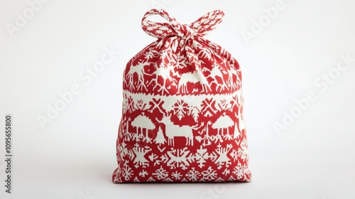 Festive Red and White Christmas Gift Bag with Reindeer and Snowflake Design photo