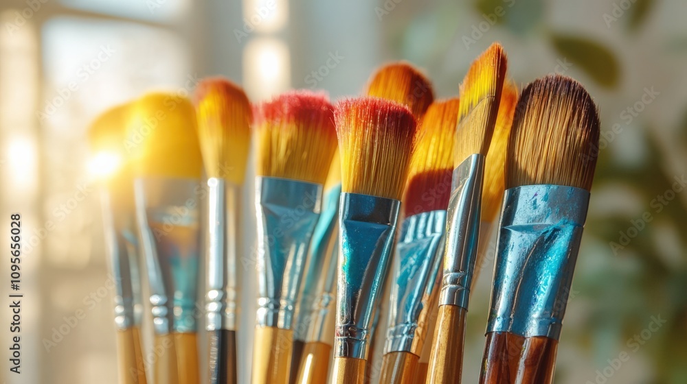 Fototapeta premium Vibrant Makeup Brushes Glowing in Sunlight for Creative Arts