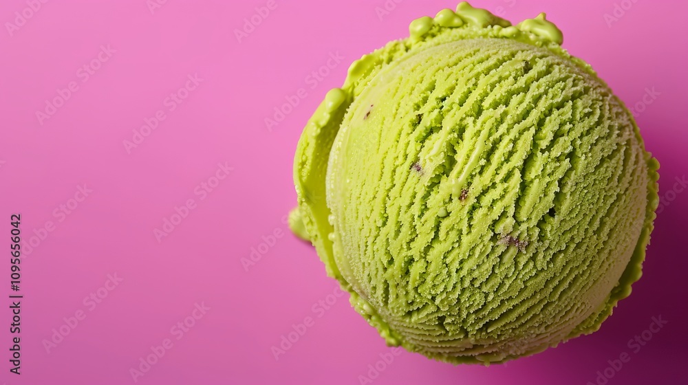 Bright green ice cream scoop on a pink background.
