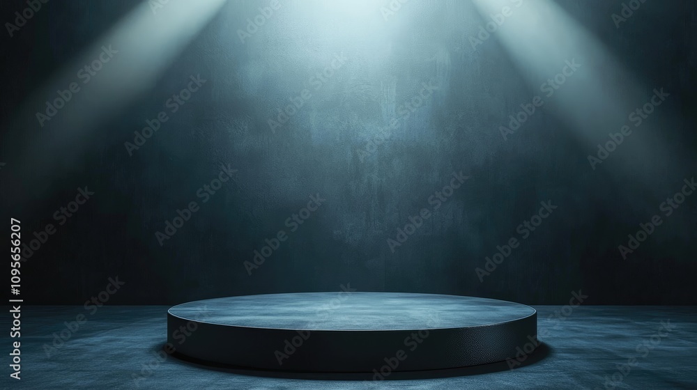 A Circular Pedestal Illuminated by Two Spotlights Against a Dark, Textured Wall A Circular Pedestal Illuminated by Two Spotlights Against a Dark, Textured Wall