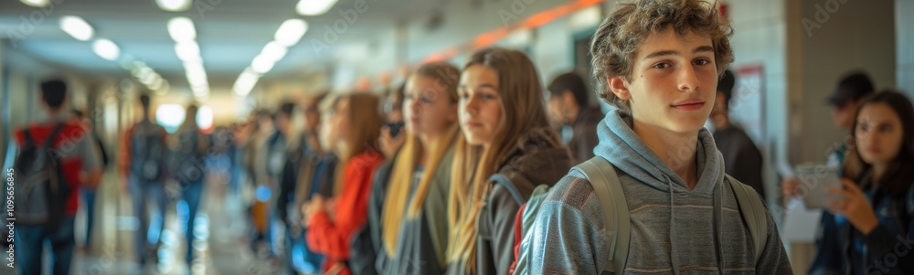 Many people standing in a line in a hallway, 'student council elections school background