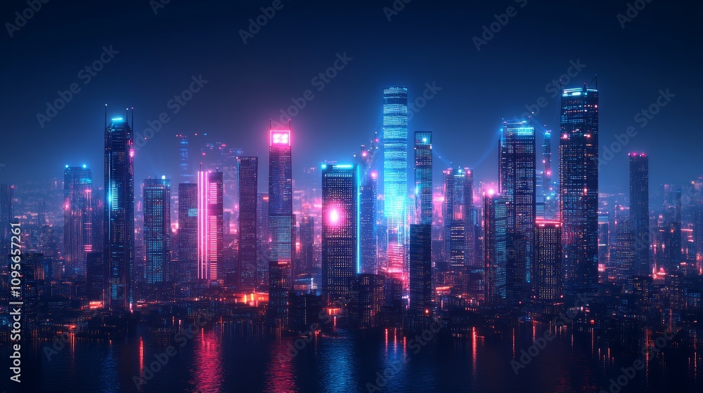 Fototapeta premium Futuristic cityscape at night, illuminated skyscrapers, vibrant neon lights reflecting on water.