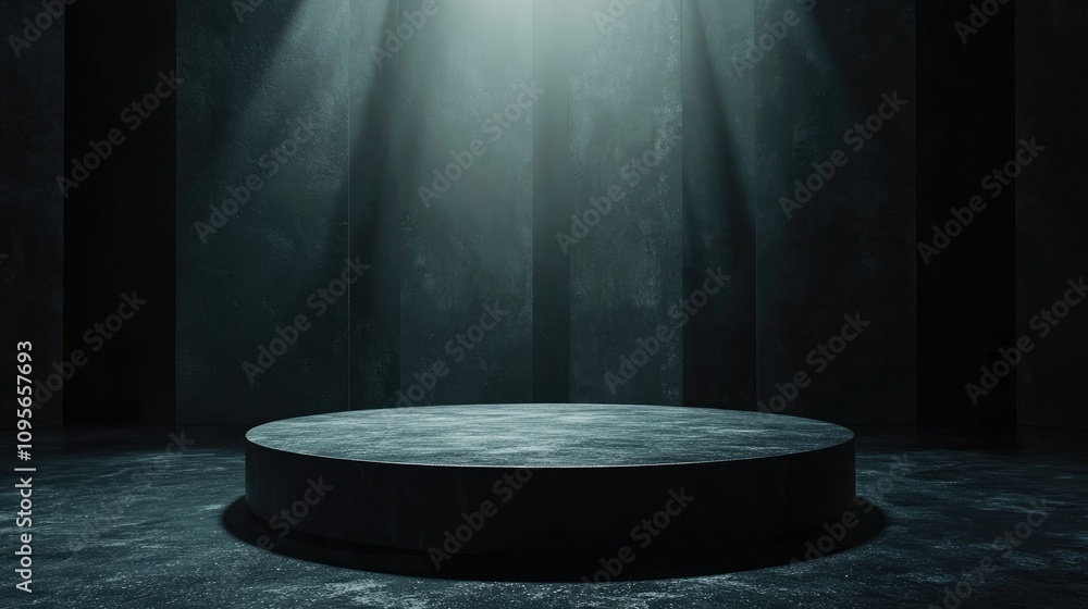 Dark Circular Platform in a Minimalist Setting with Dramatic Lighting Dark Circular Platform in a Minimalist Setting with Dramatic Lighting