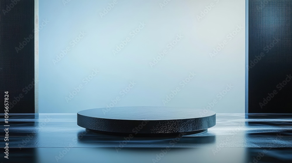 Black Circular Platform in Minimalist Blue Interior Black Circular Platform in Minimalist Blue Interior