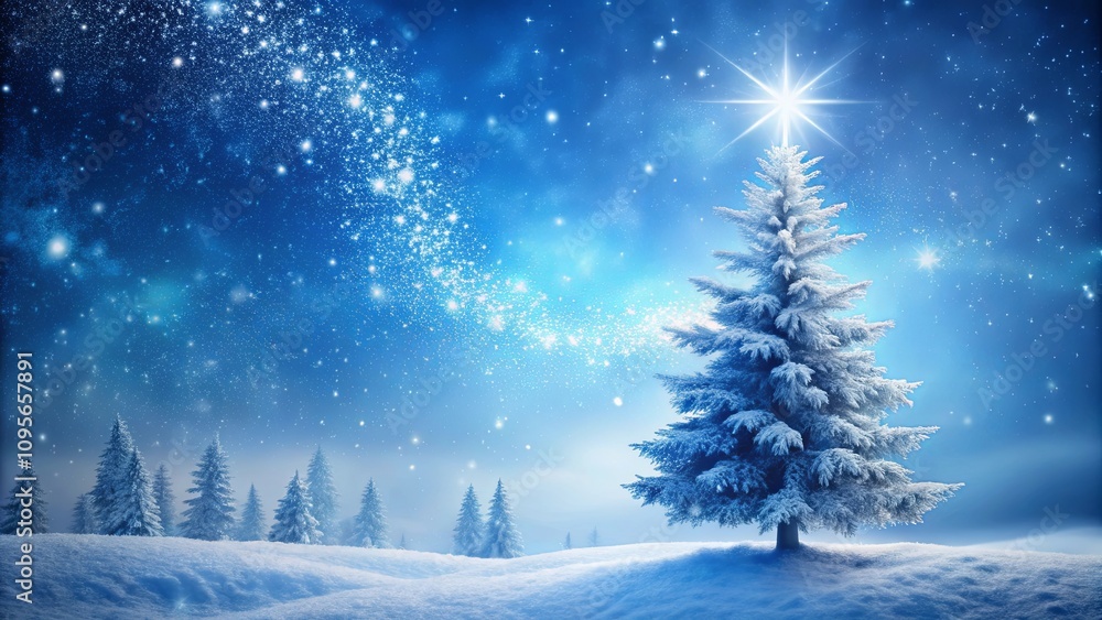 Fototapeta premium Winter Wonderland A Single Snow-Covered Evergreen Tree Stands Tall Under a Starlit Night Sky