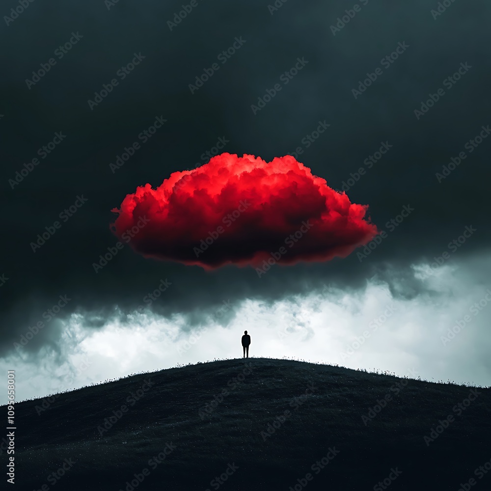 Solitary Figure Under Dramatic Red Cloud Solitary Figure Under Dramatic Red Cloud