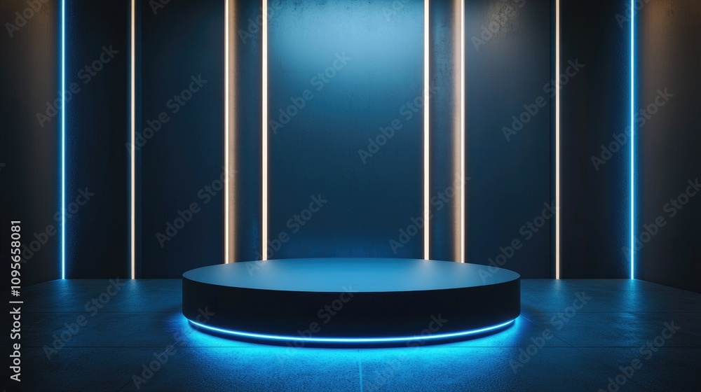 Blue Neon Lit Round Platform in Dark Room with Vertical Lines Blue Neon Lit Round Platform in Dark Room with Vertical Lines