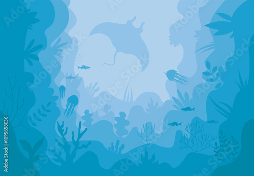 Sea life background. Underwater world with silhouettes of aniomals and fishes. Seaweed, medusa and stingray. Marine flora and fauna. Nature and environment. Flat vector illustration