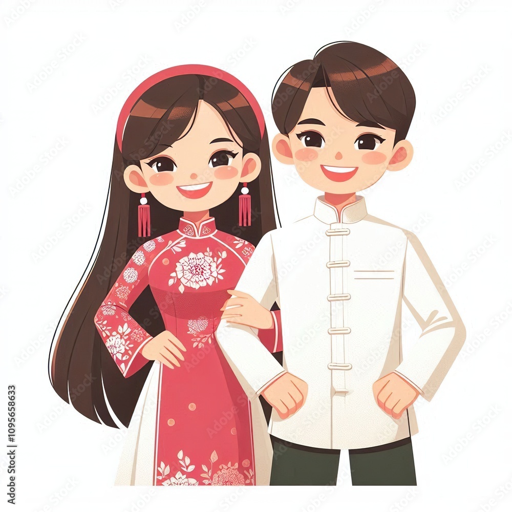 Illustration of a smiling Vietnamese couple wears a Ao Dai. conical hats. A charming depiction of Vietnamese culture Illustration of a smiling Vietnamese couple wears a Ao Dai. conical hats. A charming depiction of Vietnamese culture