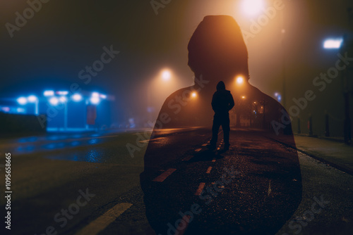 A mysterious hooded figure, silhouetted by street lights on a moody city street on a foggy night. With a double exposure edit