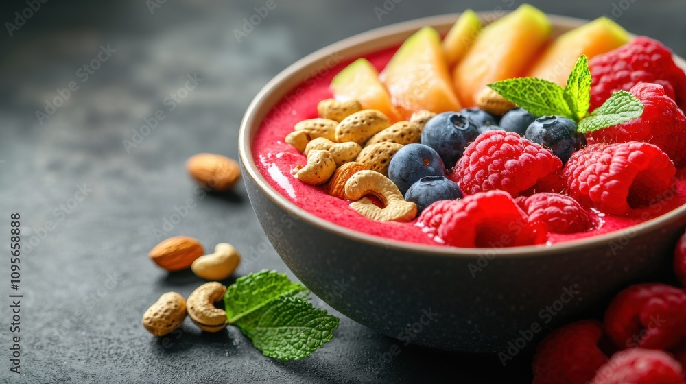 A colorful bowl of smoothie topped with fresh raspberries, blueberries, cashews, and mint leaves, elegantly presented on a dark surface. A colorful bowl of smoothie topped with fresh raspberries, blueberries, cashews, and mint leaves, elegantly presented on a dark surface.