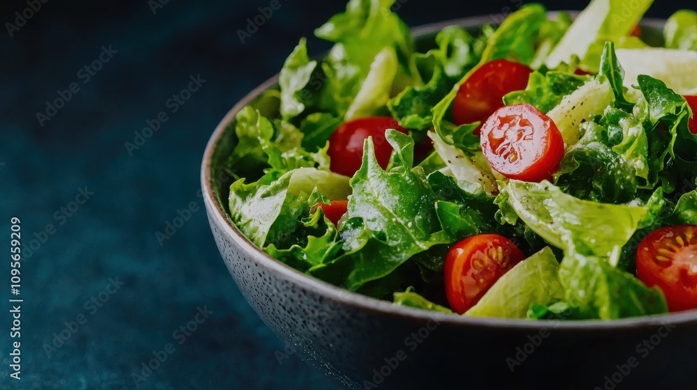 A vibrant bowl of fresh salad featuring leafy greens and cherry tomatoes, set against a dark background, highlighting its colorful and healthy appeal. A vibrant bowl of fresh salad featuring leafy greens and cherry tomatoes, set against a dark background, highlighting its colorful and healthy appeal.