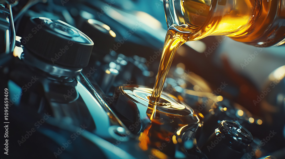 Close up of pouring fresh new motor oil into car's engine. New engine oil is poured into the engine. replacement of technical fluids of the car. Close up of pouring fresh new motor oil into car's engine. New engine oil is poured into the engine. replacement of technical fluids of the car.