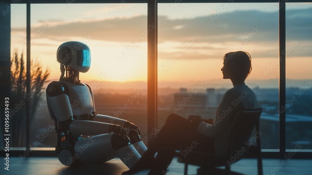 Woman and robot converse during sunset, viewed from a large window overlooking a city. Woman and robot converse during sunset, viewed from a large window overlooking a city.