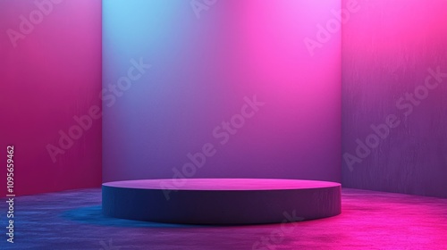 A Circular Platform Underneath Pink and Blue Neon Lights