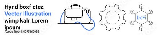 Business briefcase, large gear, and decentralized finance DeFi nodes. Ideal for financial presentations, engineering diagrams, tech articles, education materials, corporate websites, marketing