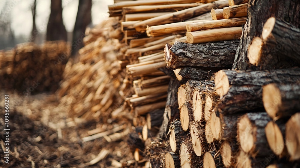 A large pile of neatly stacked logs in a lush forested environment representing the use of sustainable bioenergy as a transition towards cleaner renewable energy sources