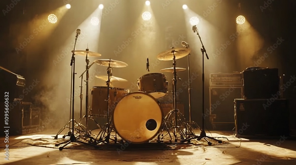 Fototapeta premium A set of orchestral drums placed on a concert stage highlighted by dramatic spotlights that accentuate their metallic edges and rich textures