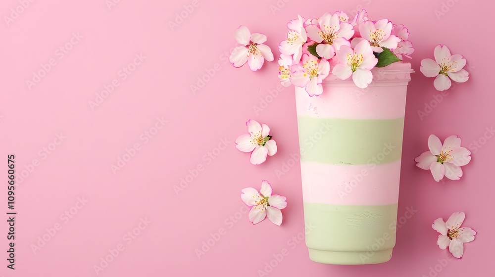 Colorful drink with flowers on a pink background. Colorful drink with flowers on a pink background.