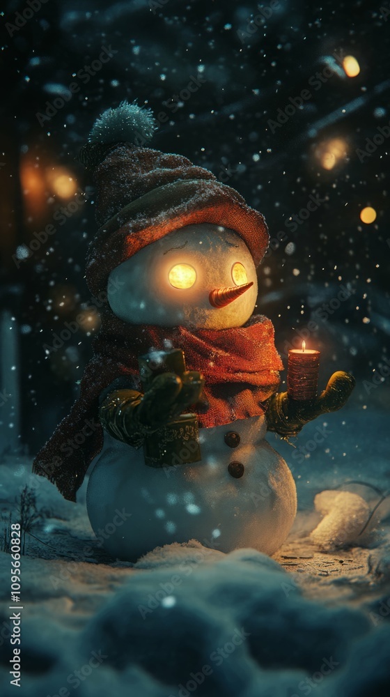 Magical snowman holding a candlelight on a snowy night. Magical snowman holding a candlelight on a snowy night.