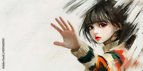 Reaching Out: A captivating digital painting featuring a young woman with expressive eyes, her hand reaching out from the canvas in a gesture of invitation or connection.