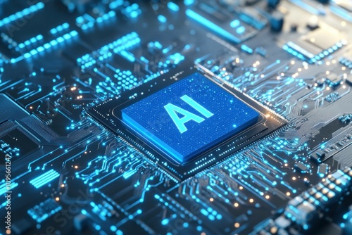 Futuristic computer chip with AI lettering illuminated by bright blue lights, representing advanced technology and innovation in electronics.