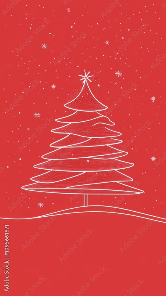 Simple white Christmas tree on a red background with snowflakes. Simple white Christmas tree on a red background with snowflakes.