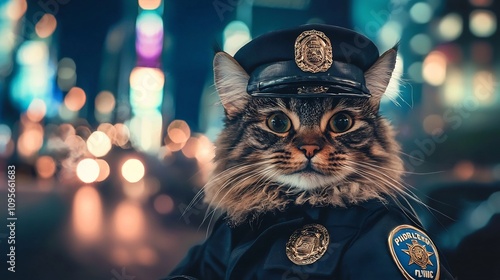 Adorable Police Cat Guarding the City Streets at Night   Cute feline wearing a police officer s uniform badge and cap in a cityscape backdrop with glowing neon lights and skyscrapers photo