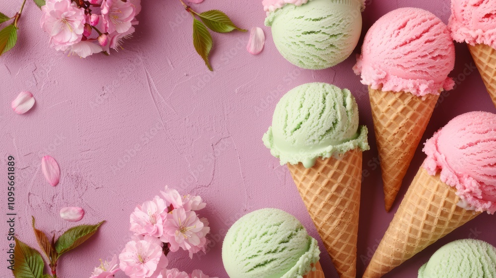 Colorful ice cream cones on a pastel background.