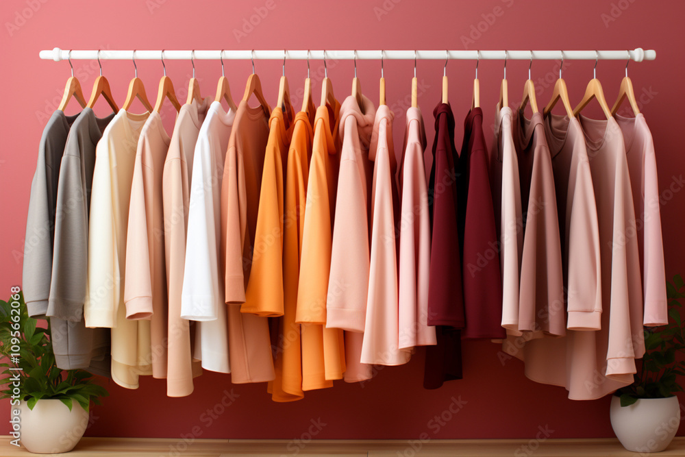 clothes in a row on hangers, peach fluff, 