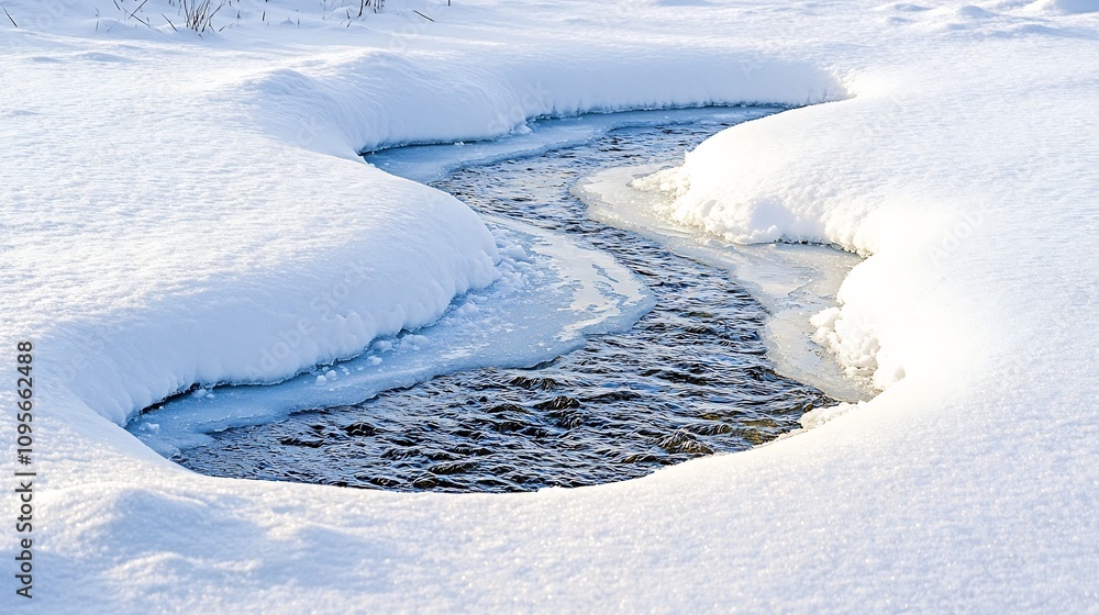 Obraz premium Aerial view of a serene frozen river winding its way through a picturesque snow covered landscape The tranquil scene showcases the beauty of nature during the cold winter season